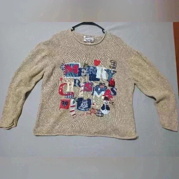 VTG Heirloom Collectibles Christmas Collection Womens Tan Sweater SZ L Y2K - Picture 1 of 7